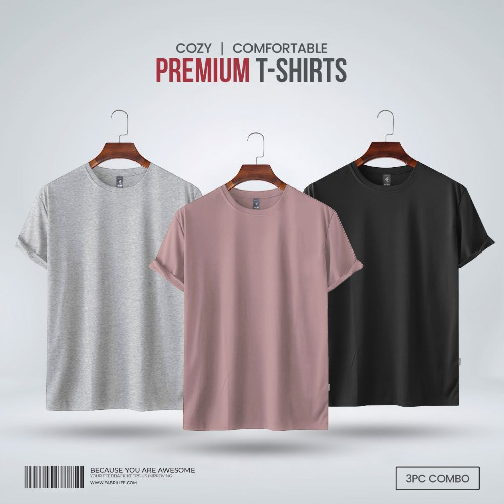Mens Premium Blank T-shirt -Combo- Lavanderash, Gray Melange, Black