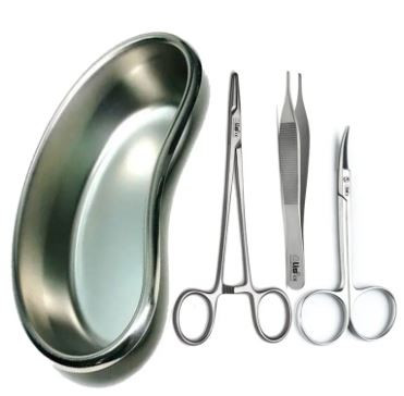 Needle Holder, Adsion Forceps, Iris Scissor With Kidney Tray Suture Set & Kidney Tray (Kidney Tray with Suturing Set)