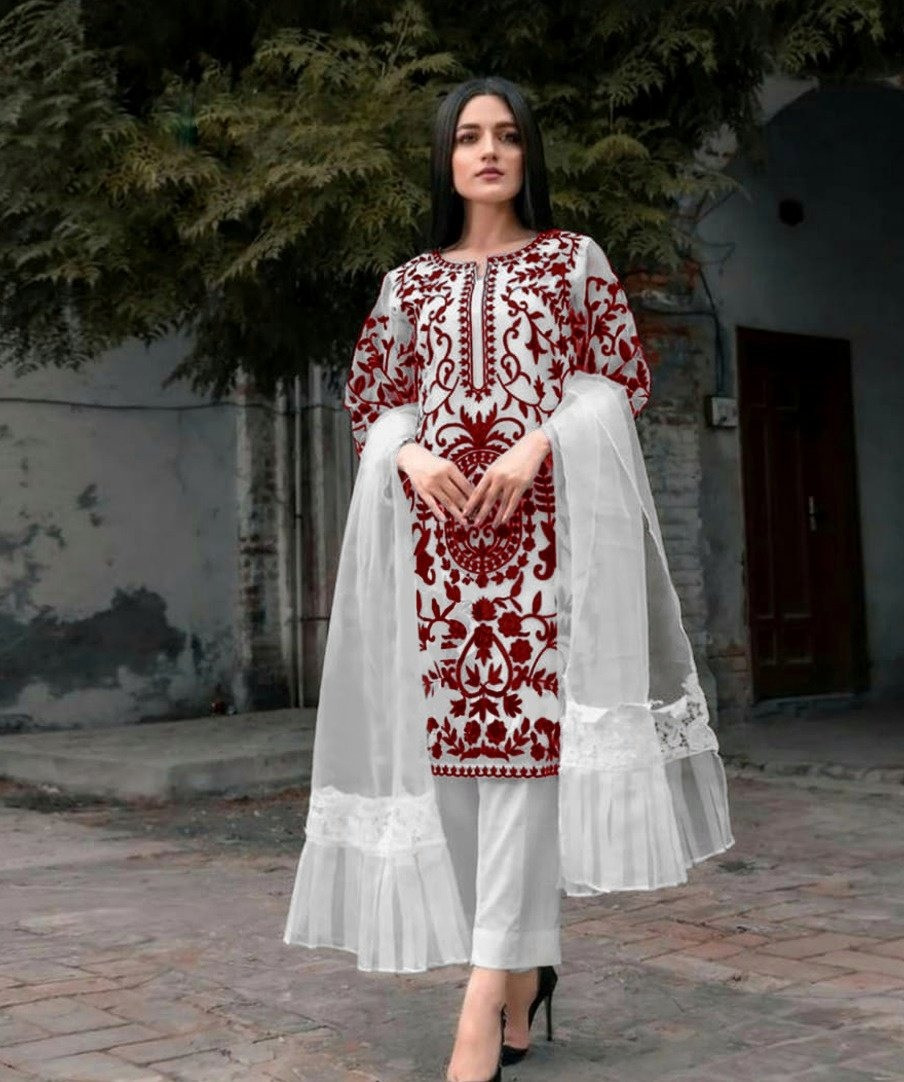 Semi Stitched Organza Embroidered Three Piece