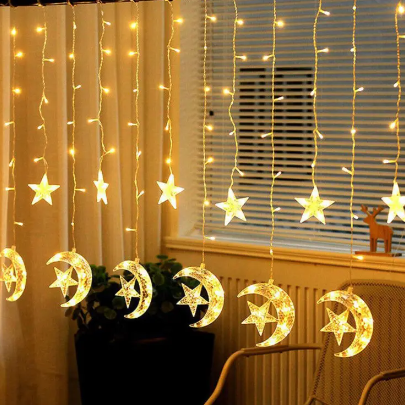 Moon star light Curtain Light, 12 Hanging Golden Star String Lights, Drawing room decoration LED Curtain String Light